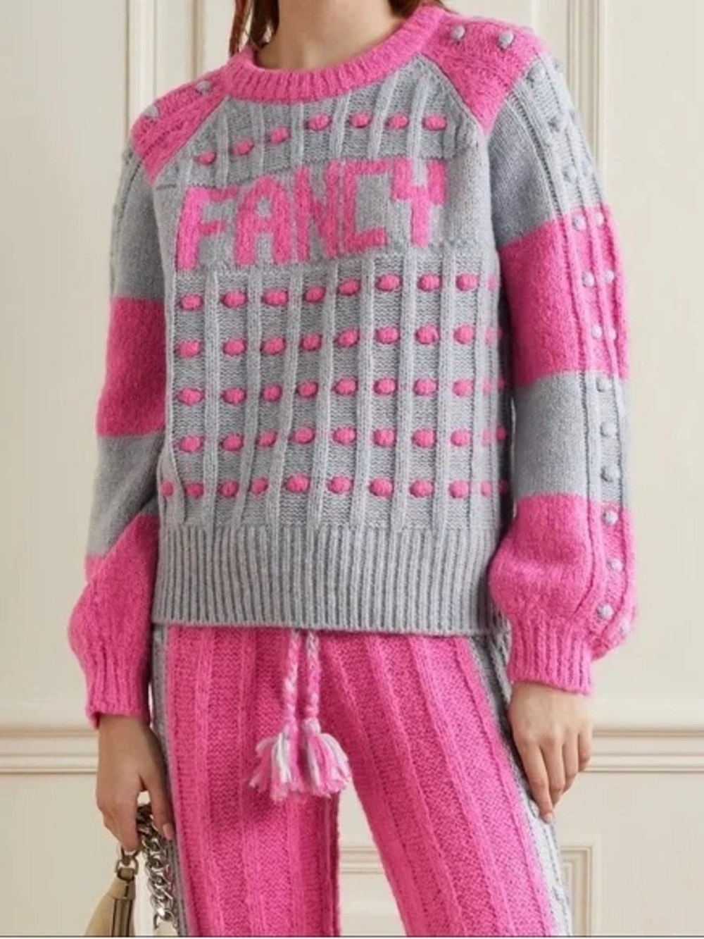 LoveShackFancy 'Fancy' Pink and Gray Textured Crewneck Sweater
